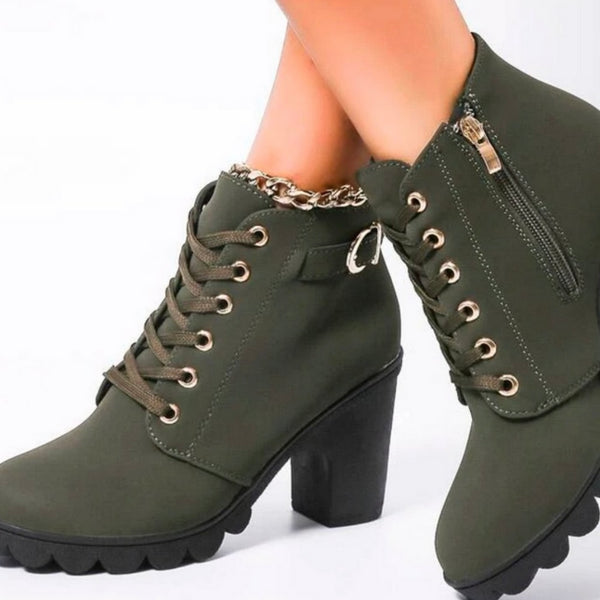 Army Green Chunky Boots Womens Lace Up Side Zip Casual Heel Bootie Size 7