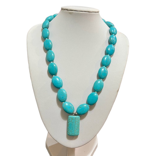 Vintage Turquoise 16” Necklace Womens Statement Howlite Oval Rectangle Stone