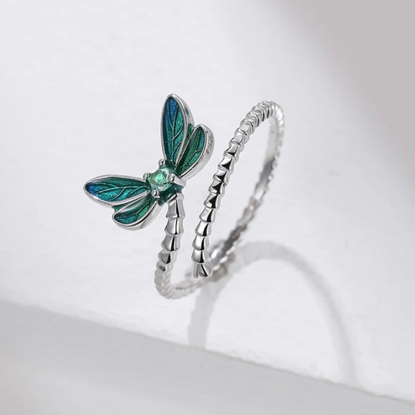 Sterling Silver Dragonfly Opening Ring Adjustable Ring Pave Setting CZ New