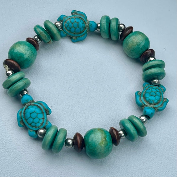 Vintage Turtle Bead Stretch Bracelet Unisex Hand Carved Howlite and Wood Bead