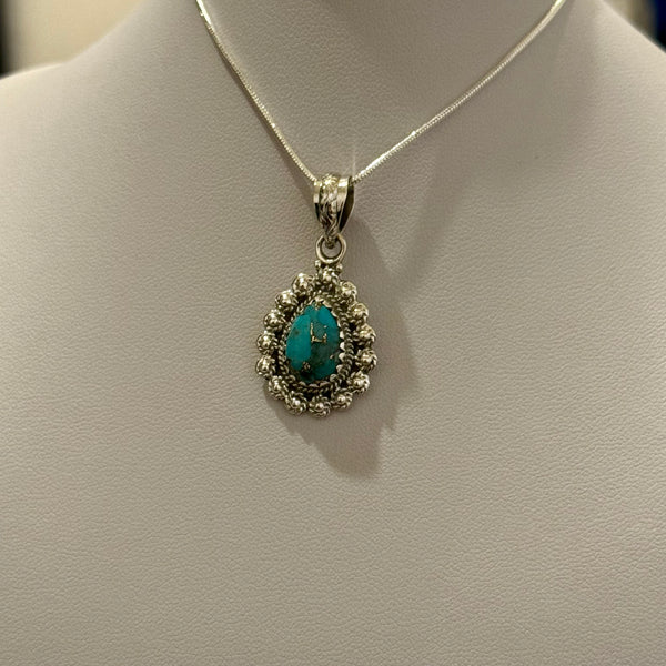 4.15cts Blue Copper Turquoise Pear Pendant Necklace Southwest Sterling Silver