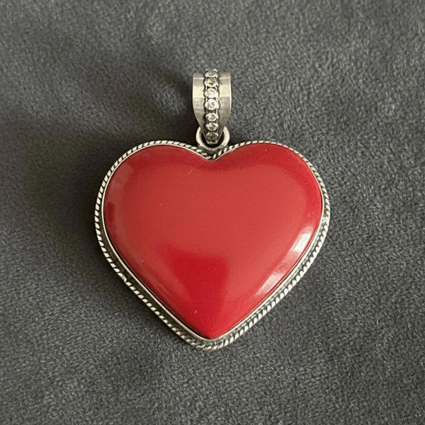 Stunning Red Coral Heart Pendant in Silver Large Romantic Statement Boho Jewelry