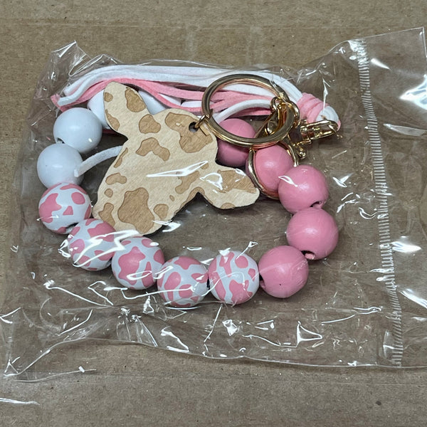 New Cute Western Cow Head Wood Round Beaded Pink Keychain With Leather Tassels