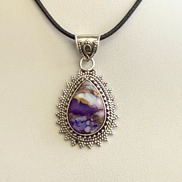 Southwestern Purple Copper Dahlia Turquoise Teardrop Pendant Sterling Silver