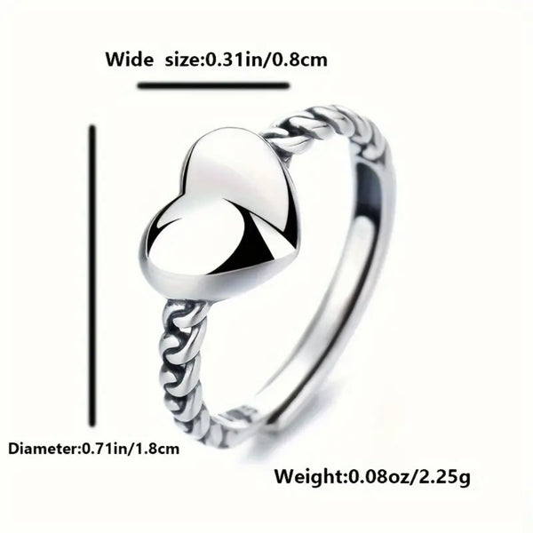 Sterling Silver Heart Ring Womens Cute Design Adjustable Swirl Band New
