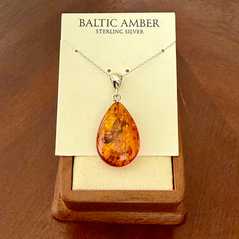 Natural Cognac Baltic Amber Teardrop Pendant Necklace Sterling Silver New