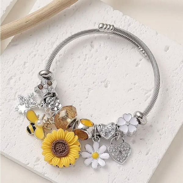 New Sunflower & Bee Charm Stainless Steel Bracelet