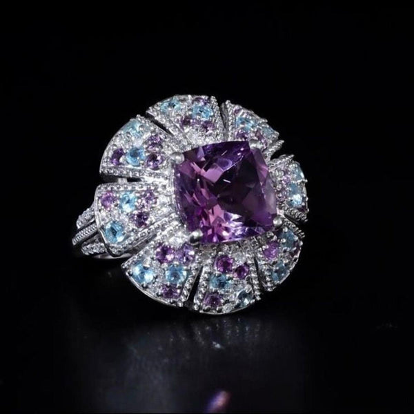 Amethyst Moissanite Multi Gemstone 5.85 ctw Floral Ring Sterling Silver Size 7