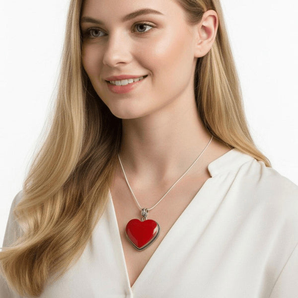 Stunning Red Coral Heart Pendant in Silver Large Romantic Statement Boho Jewelry