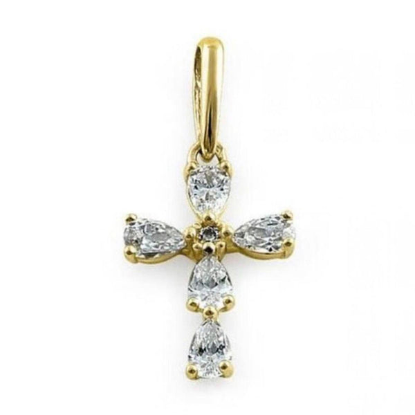 Solid 14k Yellow Gold Cross Pendant Necklace CZ Stones Small Dainty Chain New