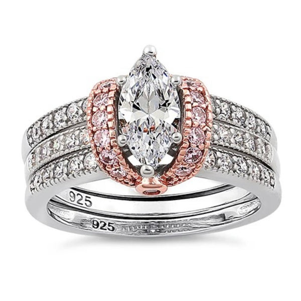 Sterling Silver Two-Tone Rose Gold Clear Marquise CZ Set Ring Size 6 New