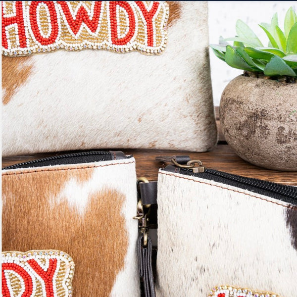 Cowgirl Western Howdy Cowhide Wristlet Boho Clutch New