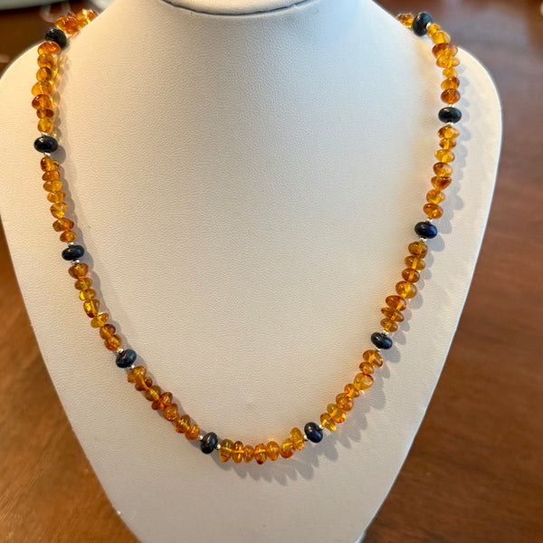 Baltic Amber And Lapiz Lazuli Beaded Lariat Necklace 925 Sterling Silver New