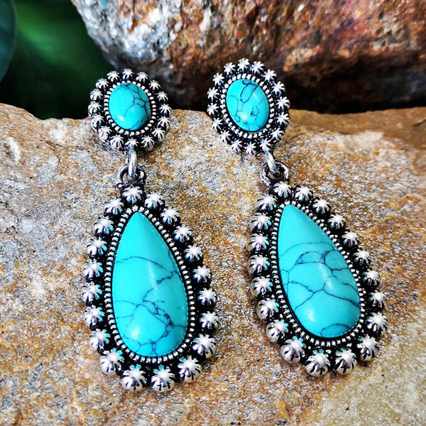 Western Boho Tibetan Natural Turquoise Dangle Teardrop Earrings Womens Casual