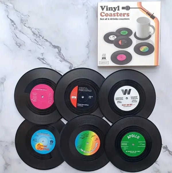 Vinyl Record Coasters for Drinks Retro Disk Coaster with Holder Set of 6 New