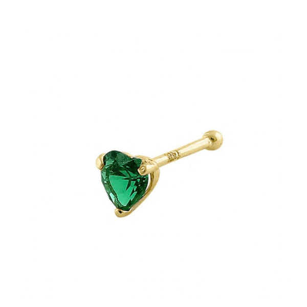 Solid 14K Yellow Gold Green Emerald Heart CZ  Nose Stud