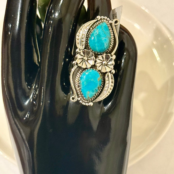 Mohave Turquoise Southwestern Statement Boho Ring Sterling Silver Floral Framed