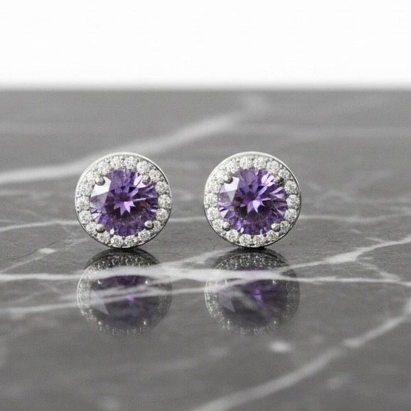 New Amethyst CZ Halo Stud Earrings 925 Sterling Silver Round Brilliant Cut