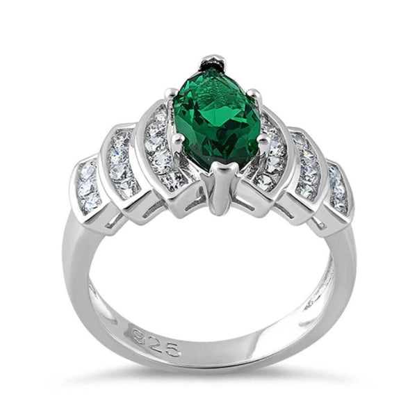 925 Sterling Silver Emerald Green Marquise Cut CZ Statement Cocktail Ring Size 6