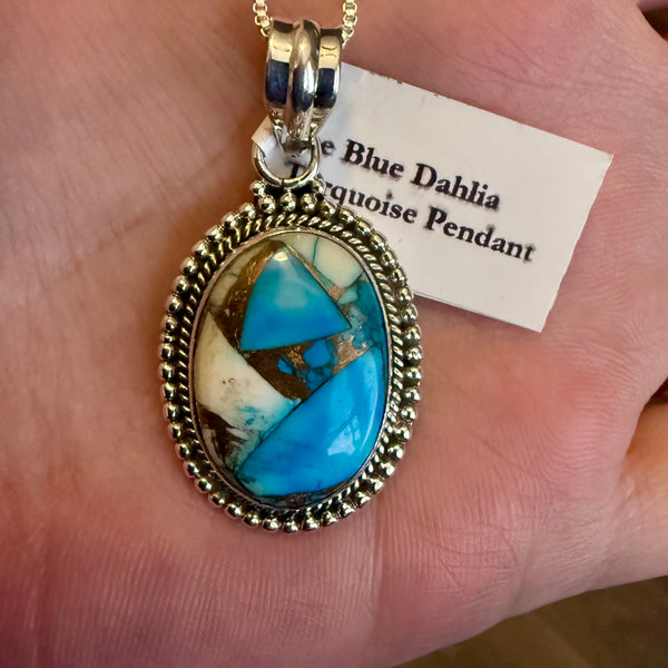 Southwestern Ice Blue Dahlia Turquoise Oval  Pendant Necklace Sterling Silver