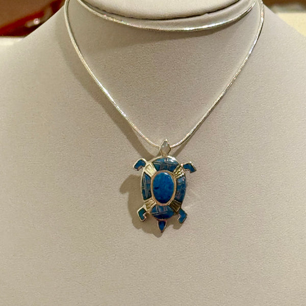 Southwestern Opal Inlay Turtle Necklace Pendant Charm Sterling Silver New