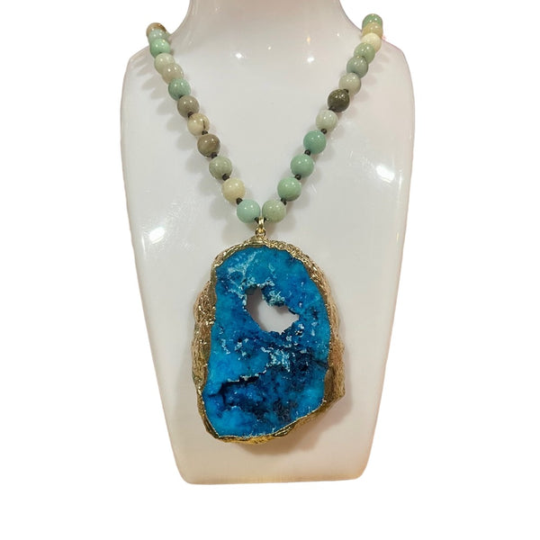 Boho Precious Stone Knotted Irregular Natural Blue Druzy Pendant Long Necklace