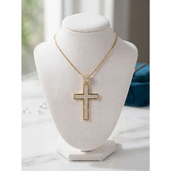Gold Vermeil Moissanite Cross Pendant Necklace 16” Chain Religious Jewelry New
