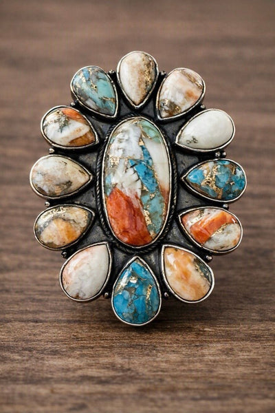 Southwestern Spiny Oyster Turquoise Statement Silver Ring Boho Artisan Design 6