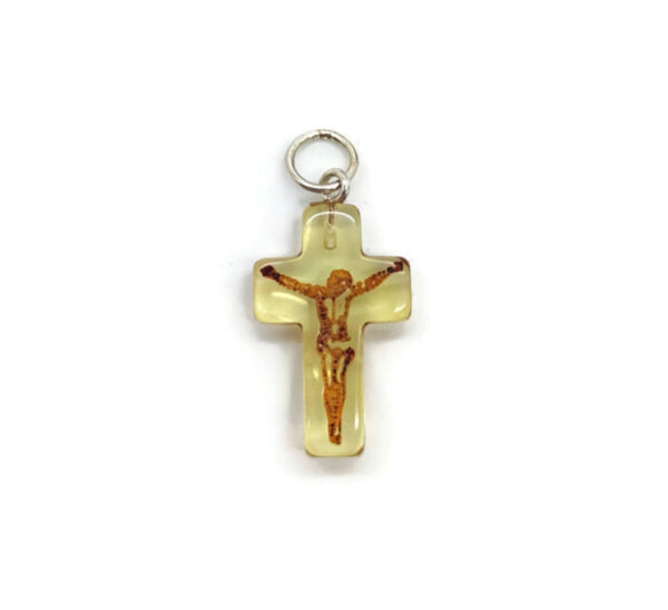 Cognac Amber Carved Cameo Cross Crucifix Pendant Sterling Silver Necklace