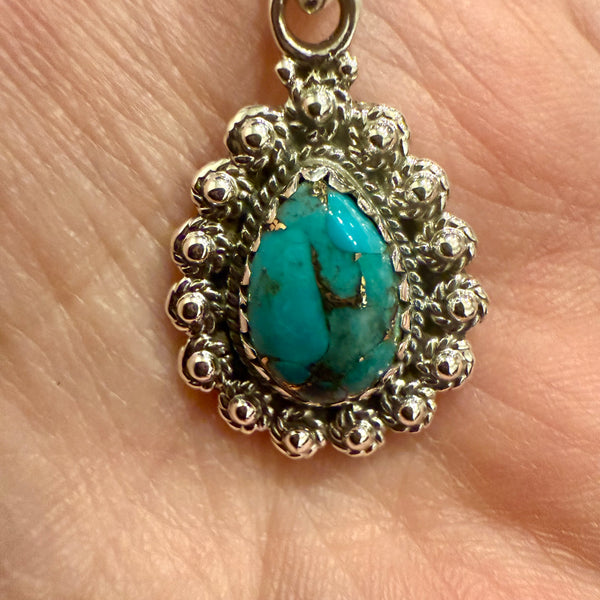 4.15cts Blue Copper Turquoise Pear Pendant Necklace Southwest Sterling Silver
