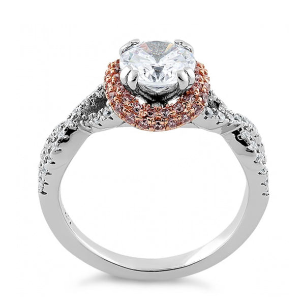 Sterling Silver Twisted Two Tone Rose Gold Vermeil Clear CZ Ring Size 6 New