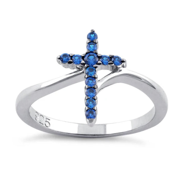 Sterling Silver Cross Sapphire Blue CZ Round Cut Christian Ring Boho Casual New