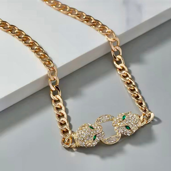 White Diamond Simulated Green Emerald Glass Leopard Head Link Gold Necklace