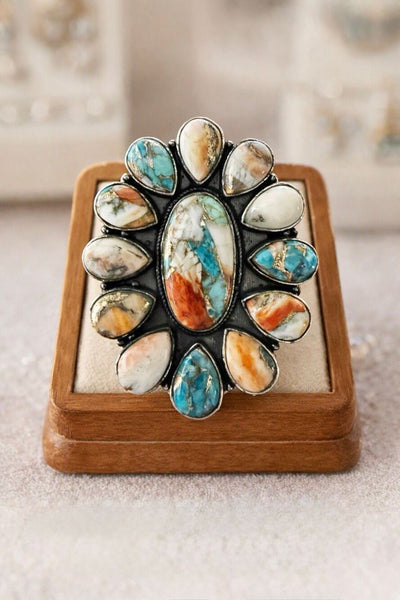 Southwestern Spiny Oyster Turquoise Statement Silver Ring Boho Artisan Design 6