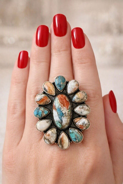 Southwestern Spiny Oyster Turquoise Statement Silver Ring Boho Artisan Design 6