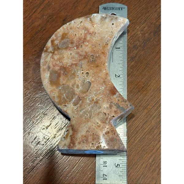 Vintage Natural Travertine Moon Sculpture Hand Carved Stone Crescent Modern Deco