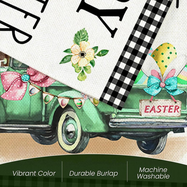 Happy Easter Garden Flag 12X18 Inch Double Sided Buffalo Plaid with Truck Cross