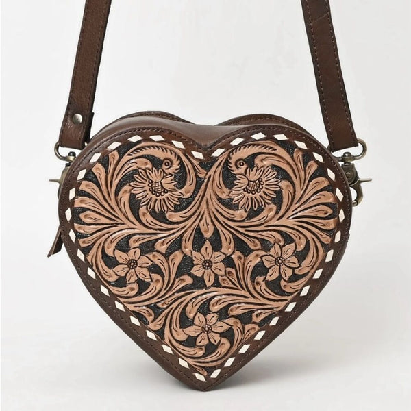 New Heart Canteen Purse Genuine Western Tooled Leather Women