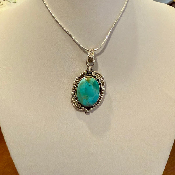 Turquoise Pendant Necklace Southwest Artisan Made Oval Framed Sterling Silver