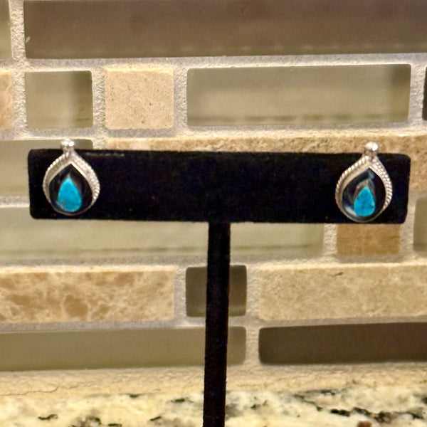 Vintage Southwestern Blue Turquoise Dainty Stud Silver Earrings Handmade New