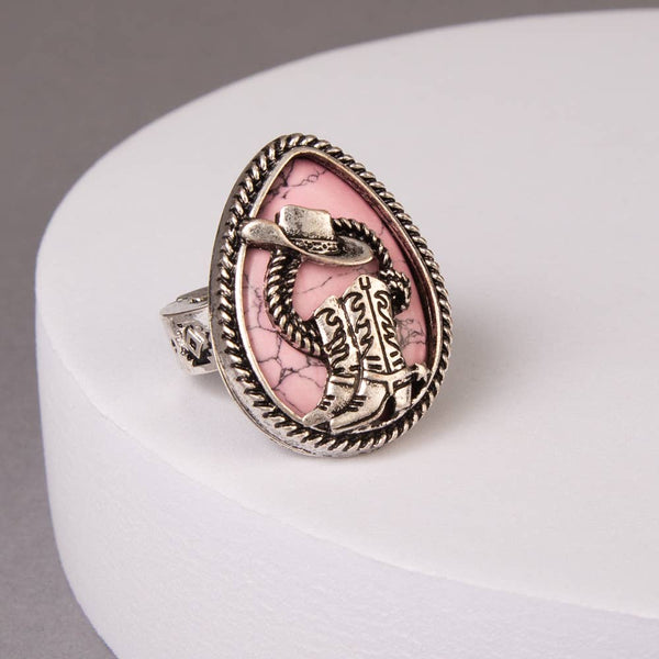 Western Hat & Boot Turquoise Teardrop Stretch Ring
