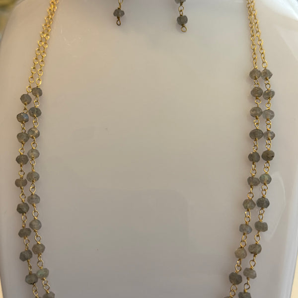 Natural Labradorite 14k Gold Beaded Adjustable Necklace And Dangle Earrings Set