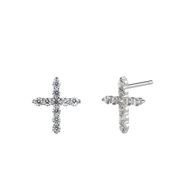 Dazzling Chic Solid Sterling Silver Cross CZ Stud Earrings New