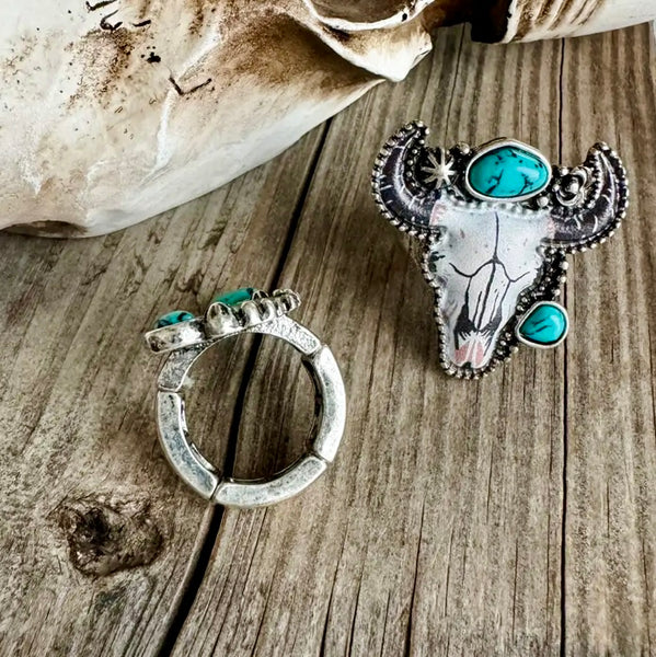 Western Turquoise Rodeo Ready Steer Skull Pendant  Adjustable Silver Ring New