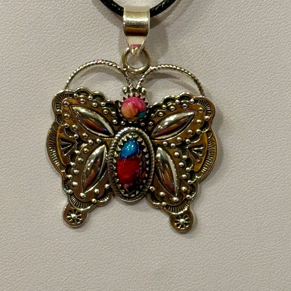 Pink Dahlia Turquoise Butterfly Southwestern Necklace Pendant Sterling Silver