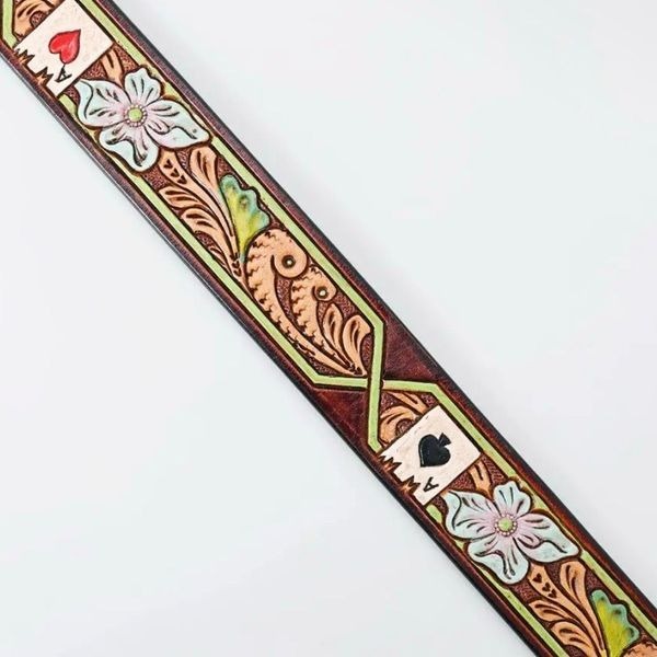 Genuine Leather Western Tooled Ace of Hearts Floral Belt Mens Womens Unisex Sz L
