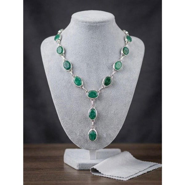 Stunning Faceted Emerald & Silver Adjustable Necklace Green Gemstone Jewelry New