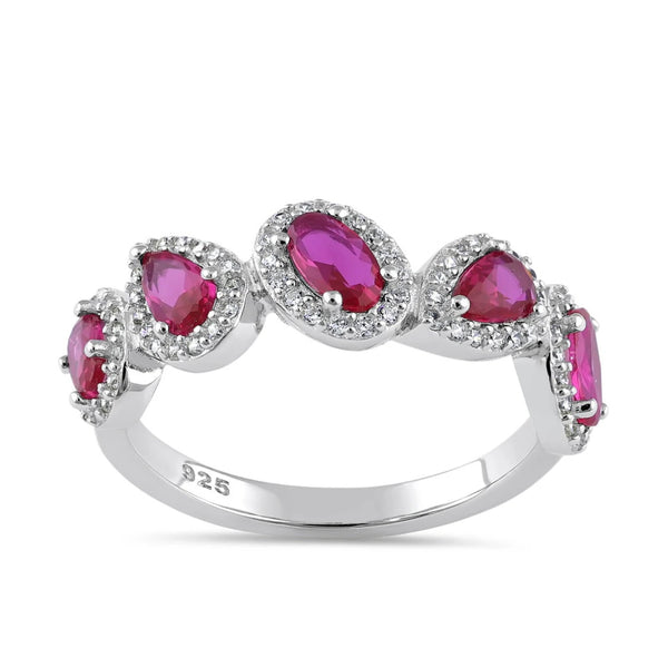 Sterling Silver Half Eternity Pear and Oval Halo Ruby and Clear CZ Ring New
