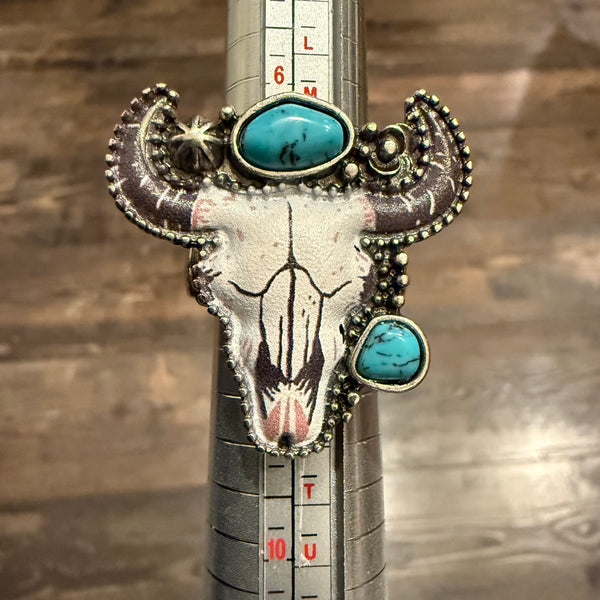 Western Turquoise Rodeo Ready Steer Skull Pendant  Adjustable Silver Ring New