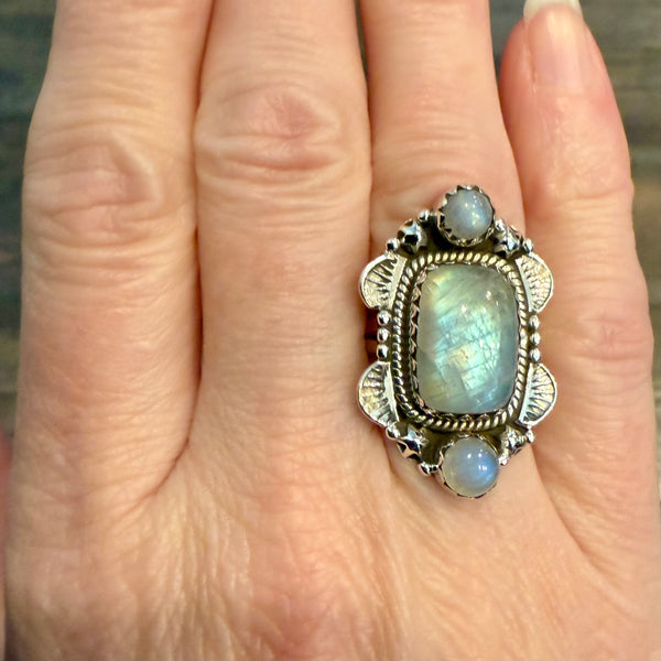 Unique 3 Round Rainbow Moonstone Ring Southwestern Sterling Silver Framed New